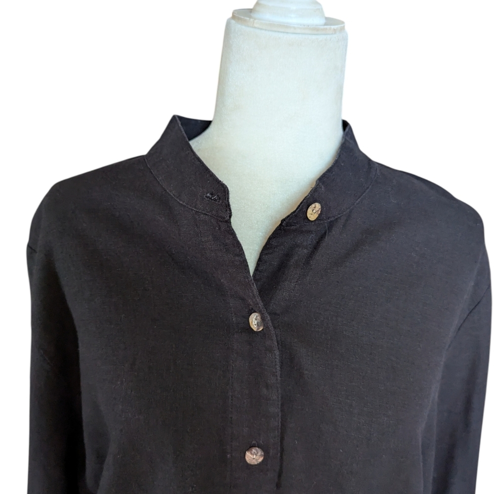 Black Linen Tunic Button Front Coldwater Creek Minimalist Quiet Luxury Chic Sz L - Picture 3 of 7